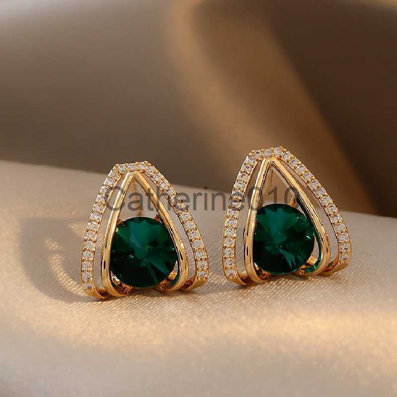 Charm Exquisite Gold Color Geometric Green Zircon Earrfor Women Double Layer Ear Studs Classic Small Stud EarrWeddJewelry J230817
