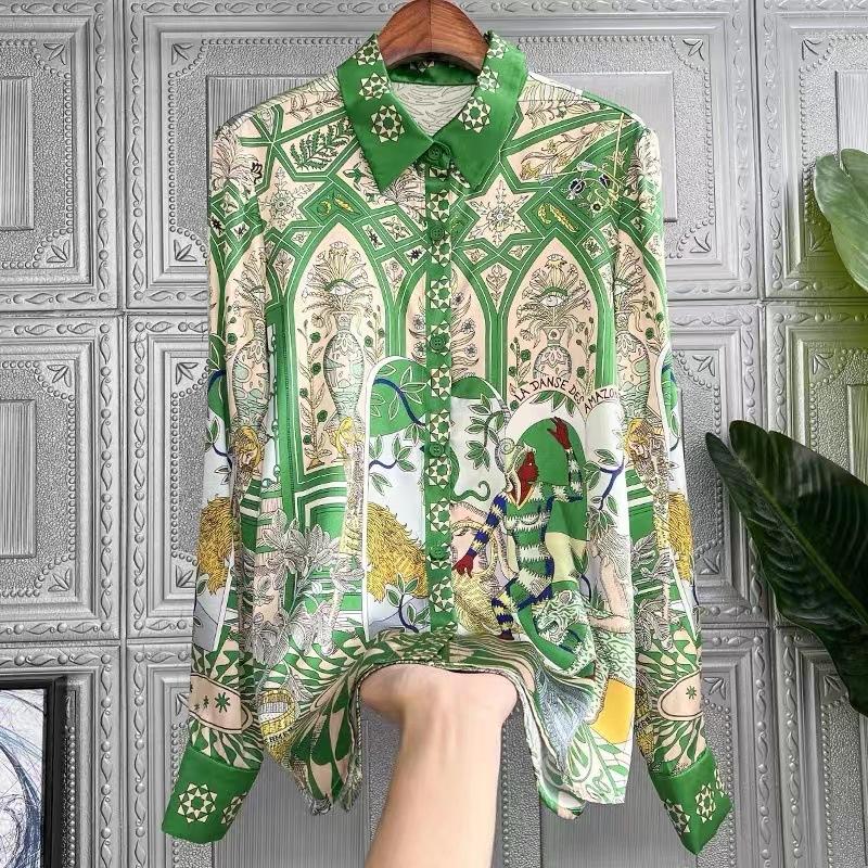 Green Ral Printed Lapel Long Sleeve Casual Shirt Women Blouse Polyester Imitation Silk Blouses 2024 Fall Fashion Tops