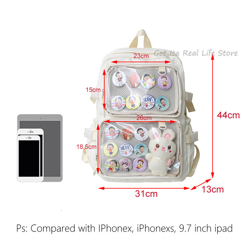 School Bags Girls Large Pink Ita Backpack with Two Clear Pockets for Pin Display Women Big Kawaii Bag Insert Plate H221 230817