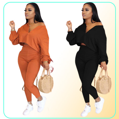 Women039s Two Piece Pants Fashion Casual 2 Sets Womens Outfits V Neck Solid Color Zipper Design Plus Size Fall Pantalones