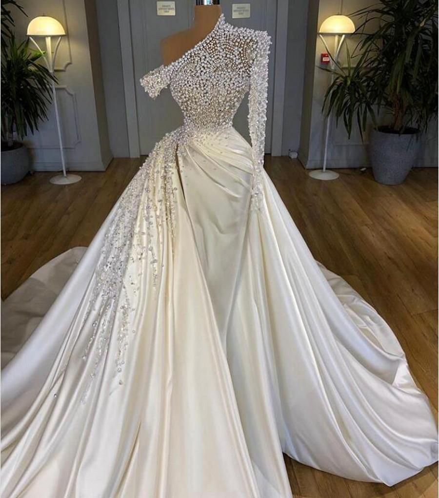 Dubai Sexy Mermaid Wedding Dresses Illusion Pearls Beadings One Shoulder Satin Long Sleeve Overskirts Plus Size Bridal Gowns Vestidos De Novia I