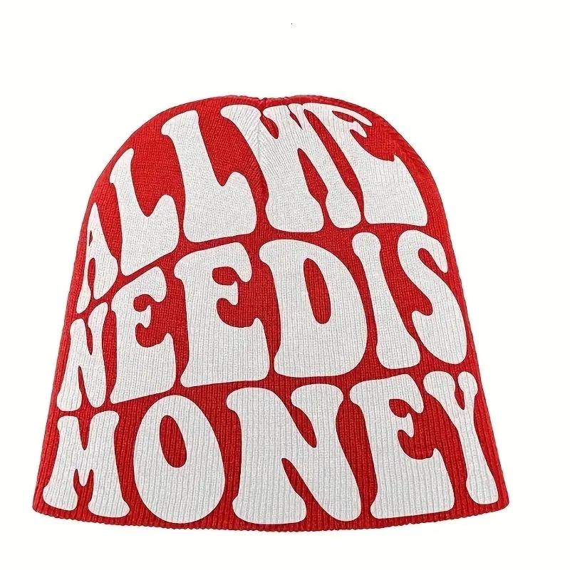 BeanieSkull Caps ALL WE NEED IS MONEY Beanie Letter Jacquard Hip Hop Knit Hat Unisex Y2K Skull Cap Warm Elastic Beanies Cap For Women Men 230816