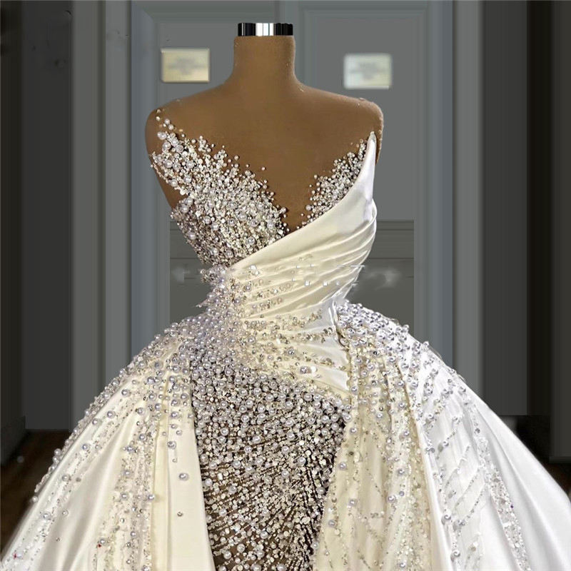 Pearls Long Wedding Dresses Luxury Wedding Gowns Two In One Off Shoulder Customized Bridal Gown Sheer Removable Overskirt