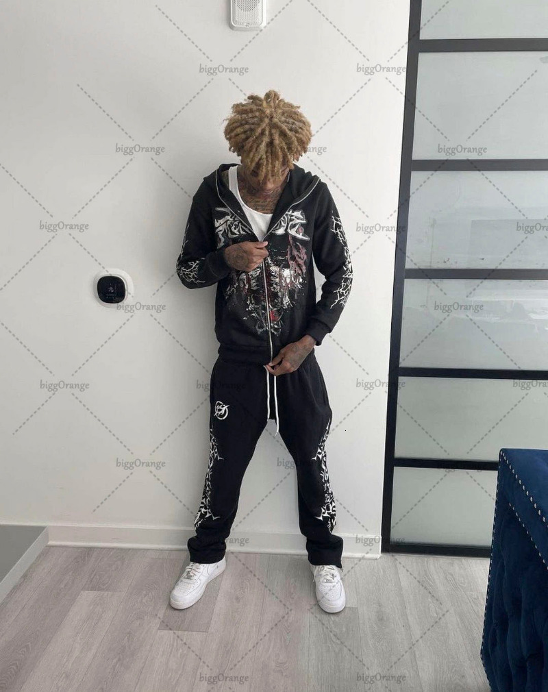 Men's Hoodies Sweatshirts Harajuku Hip Hop Print Oversized Hoodie Men American High Street Rock Retro Casual Loose Y2K Zipper Sweater Women 23081