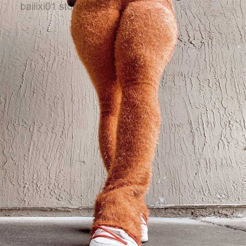Women's Pants Capris Solid Fuzzy Knitted Flare Pants 2023 Spring Women Elastic High Waist Slim Stacked Trousers Fashion Casual Streetwear T230817