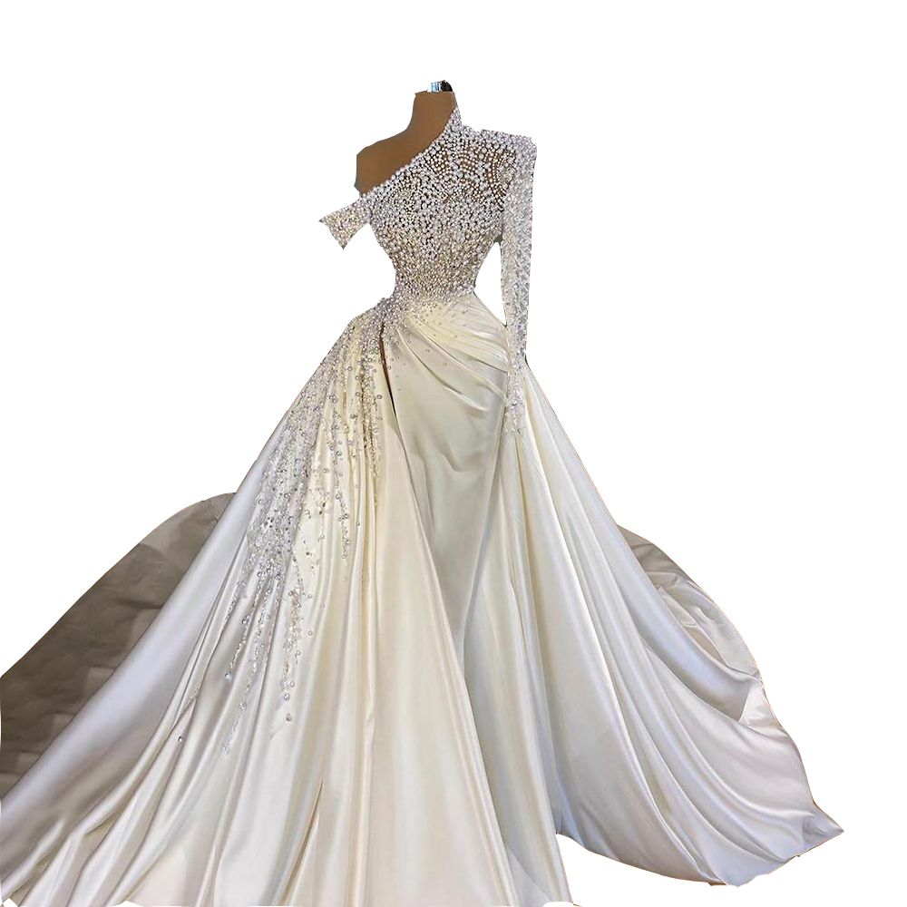 Dubai Sexy Mermaid Wedding Dresses Illusion Pearls Beadings One Shoulder Satin Long Sleeve Overskirts Plus Size Bridal Gowns Vestidos De Novia I