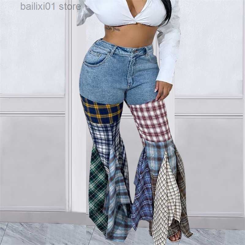 Women's Pants Capris Plaid Patchwork Ruffle Jeans Flare Pants Women High Waist Button Fly Slim Boot Cut Denim Trousers Fashion Streetwear T230817
