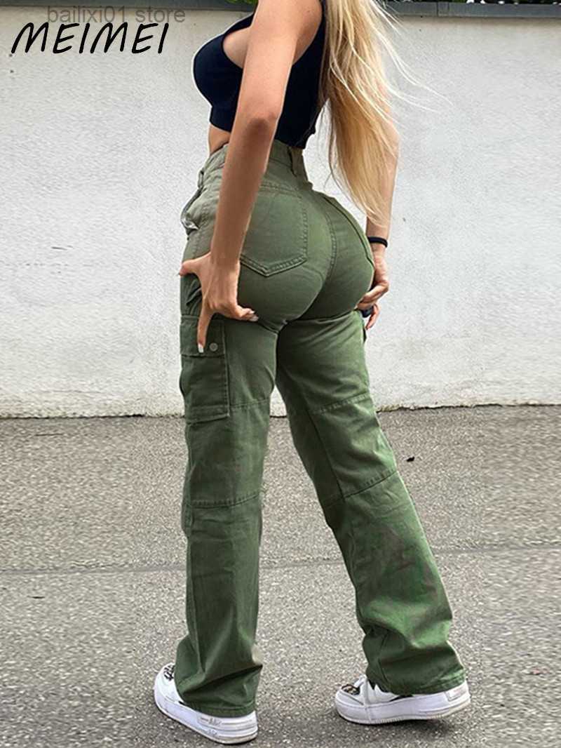 Women's Pants Capris Vintage Cargo Pant Women Y2k High Waist Straight Leg Slim Fit Jeans Retro 90s Pockets Streetwear Denim Trousers Sweatpants M