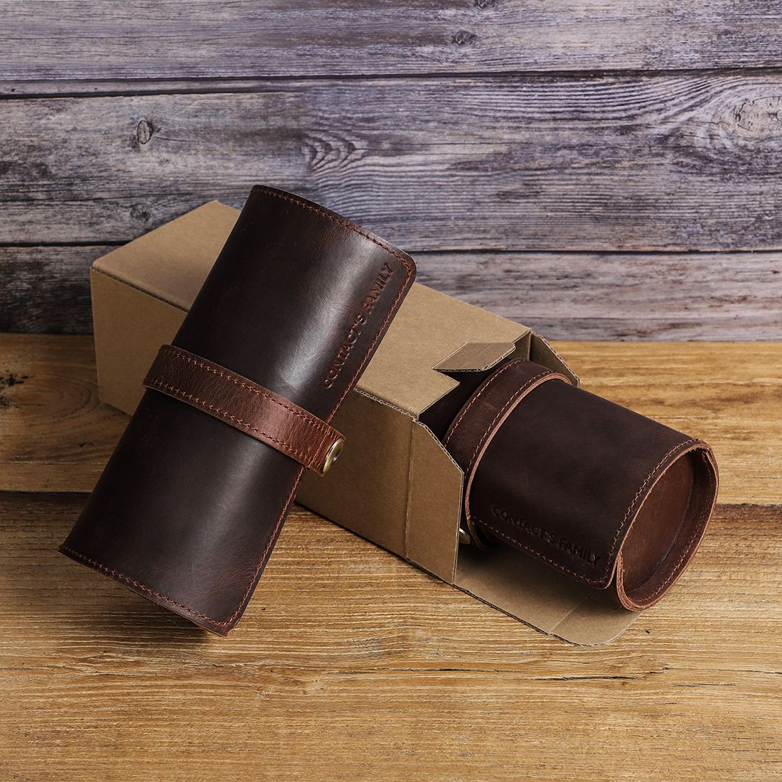 Watch Boxes Cases CONTACT'S FAMILY Watch Roll Travel Case Portable Vintage Cow Leather Display Watch Storage Box with Slid in Out Watch Organizer