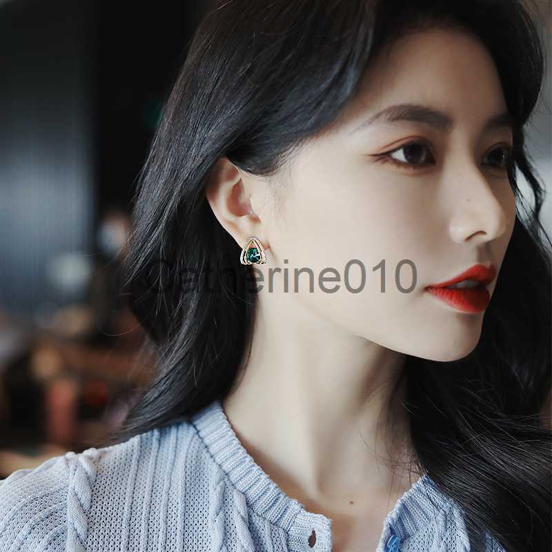 Charm Exquisite Gold Color Geometric Green Zircon Earrfor Women Double Layer Ear Studs Classic Small Stud EarrWeddJewelry J230817