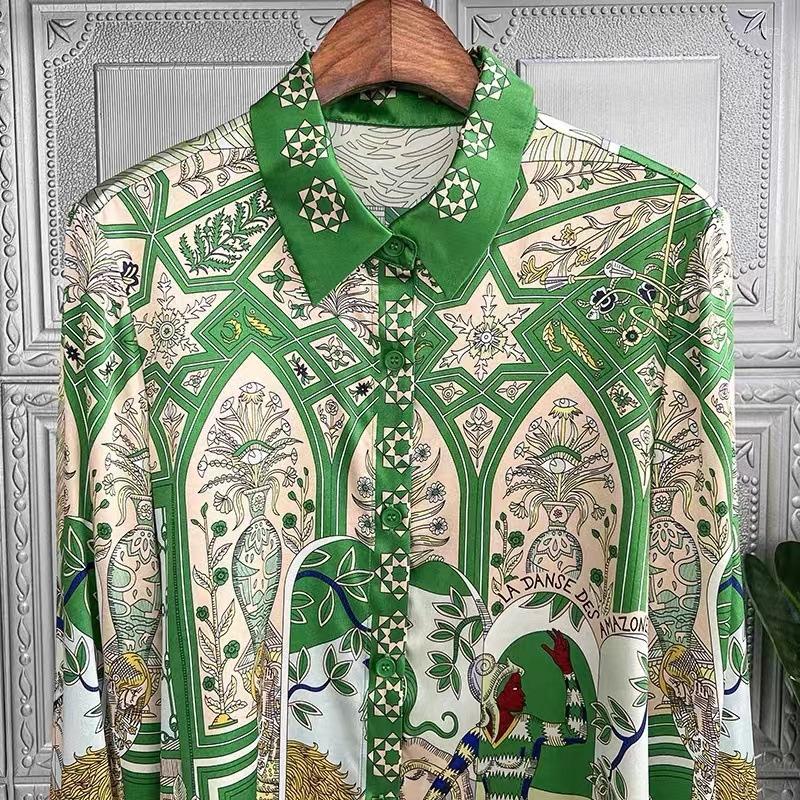 Green Ral Printed Lapel Long Sleeve Casual Shirt Women Blouse Polyester Imitation Silk Blouses 2024 Fall Fashion Tops