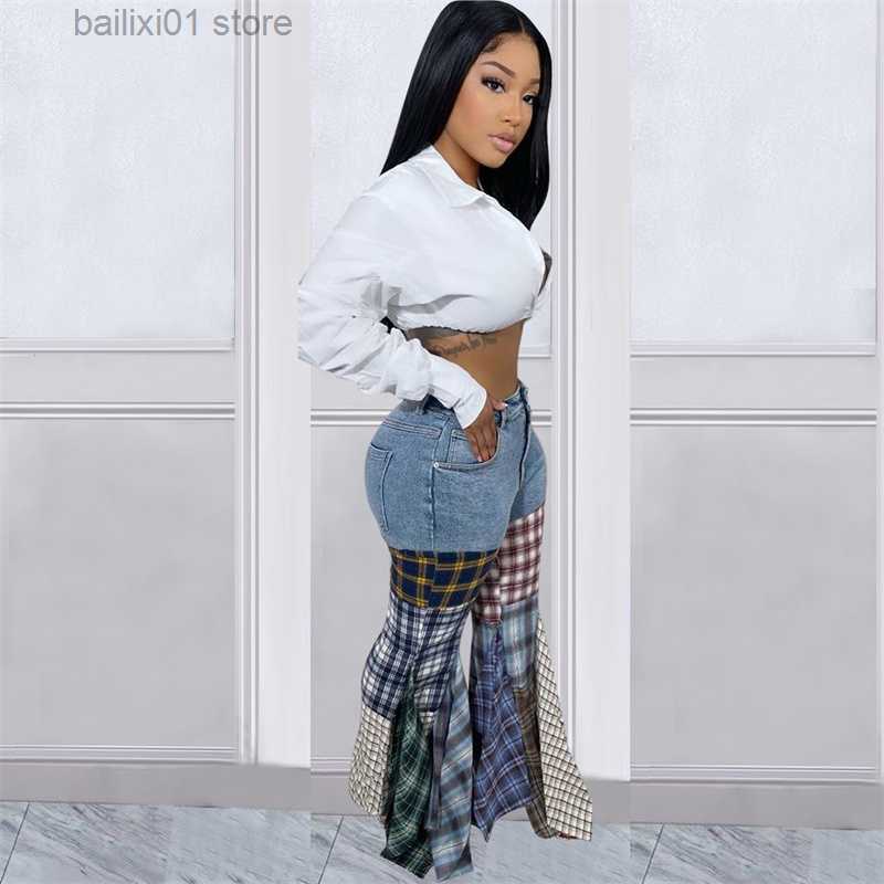 Women's Pants Capris Plaid Patchwork Ruffle Jeans Flare Pants Women High Waist Button Fly Slim Boot Cut Denim Trousers Fashion Streetwear T230817