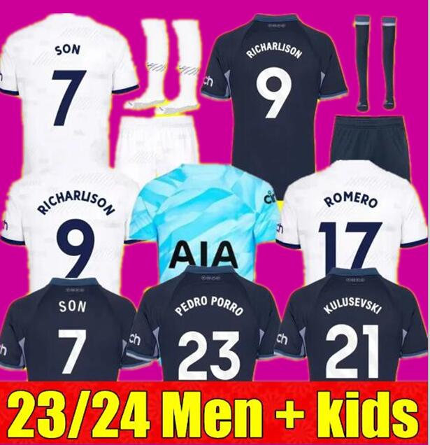 SON 23 24 Soccer Jerseys KULUSEVSKI RICHARLISON PERISIC PEDRO PORRO 2023 2024 DANJUMA ROMERO goalkeeper gk Football kit shirt SPURS Men kids set unifomrs CFHF