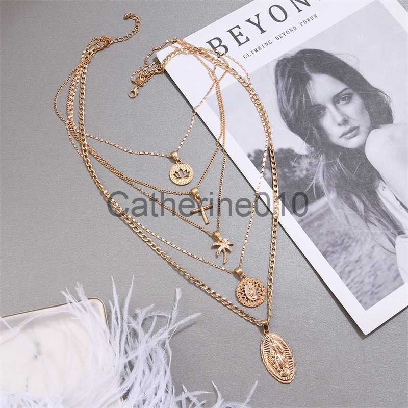 Pendant Necklaces Bohemian Multi-layer Pendant Necklace for Women Vintage Coco Cross Lotus Virgin Mary Collar Choker Bead Chain Jewelry Gift J230817