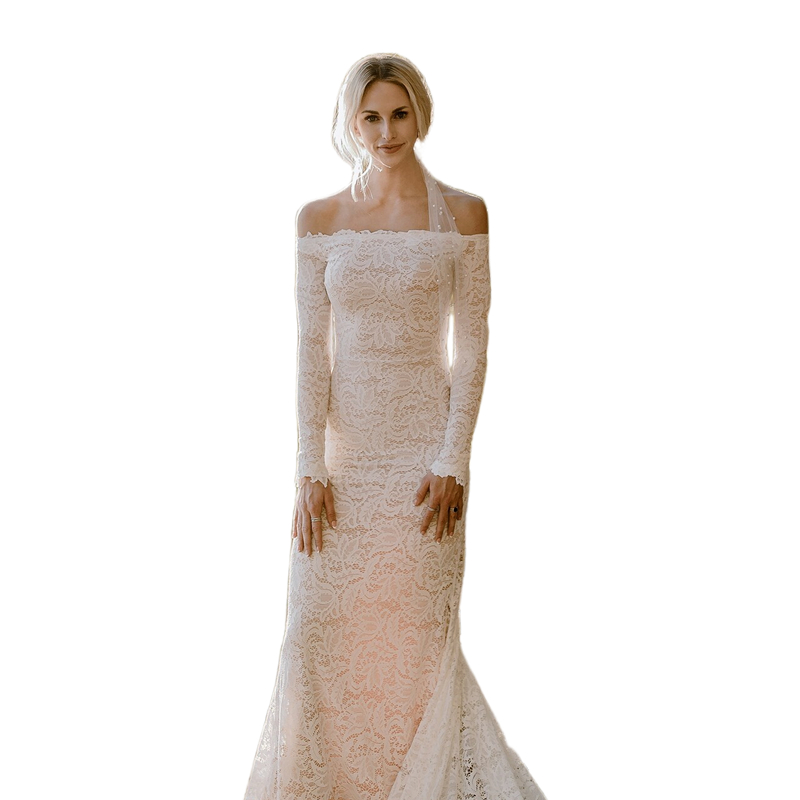 Bateau Neck Ivory Lace Mermaid Wedding Dresses Long Sleeves Country Bridal Gowns Champagne Lining Slim Fitted Court Train Boho Bride Wear