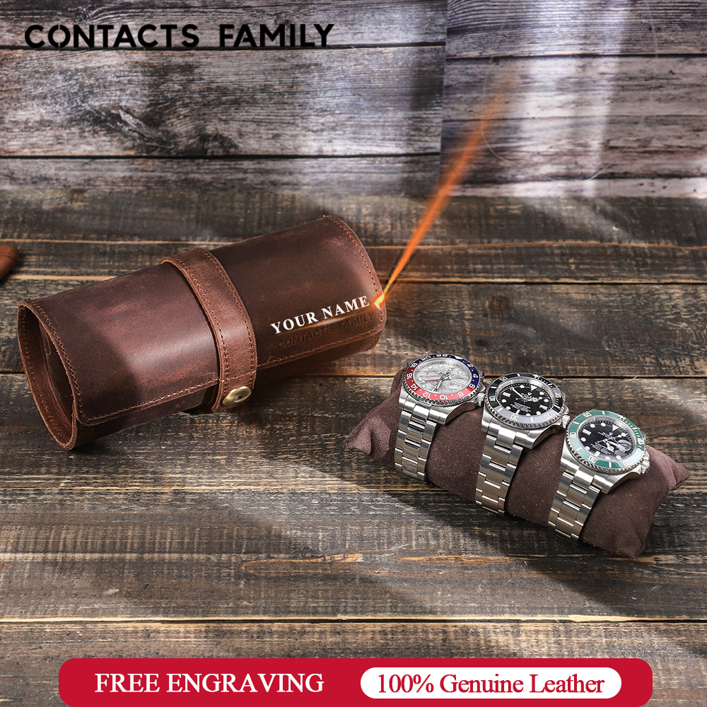 Watch Boxes Cases CONTACT'S FAMILY Watch Roll Travel Case Portable Vintage Cow Leather Display Watch Storage Box with Slid in Out Watch Organizer