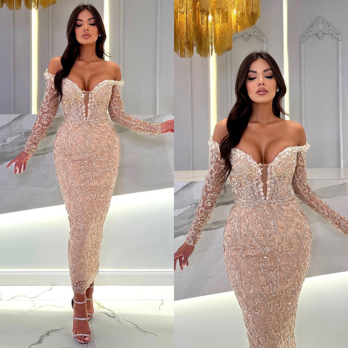Elegant Champagne Mermaid Evening Dresses Off Shoulder Sequins Lace Party Prom Long Dress For Special Ocn Lz0304