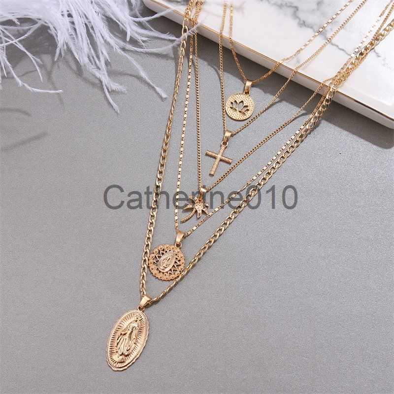 Pendant Necklaces Bohemian Multi-layer Pendant Necklace for Women Vintage Coco Cross Lotus Virgin Mary Collar Choker Bead Chain Jewelry Gift J230817