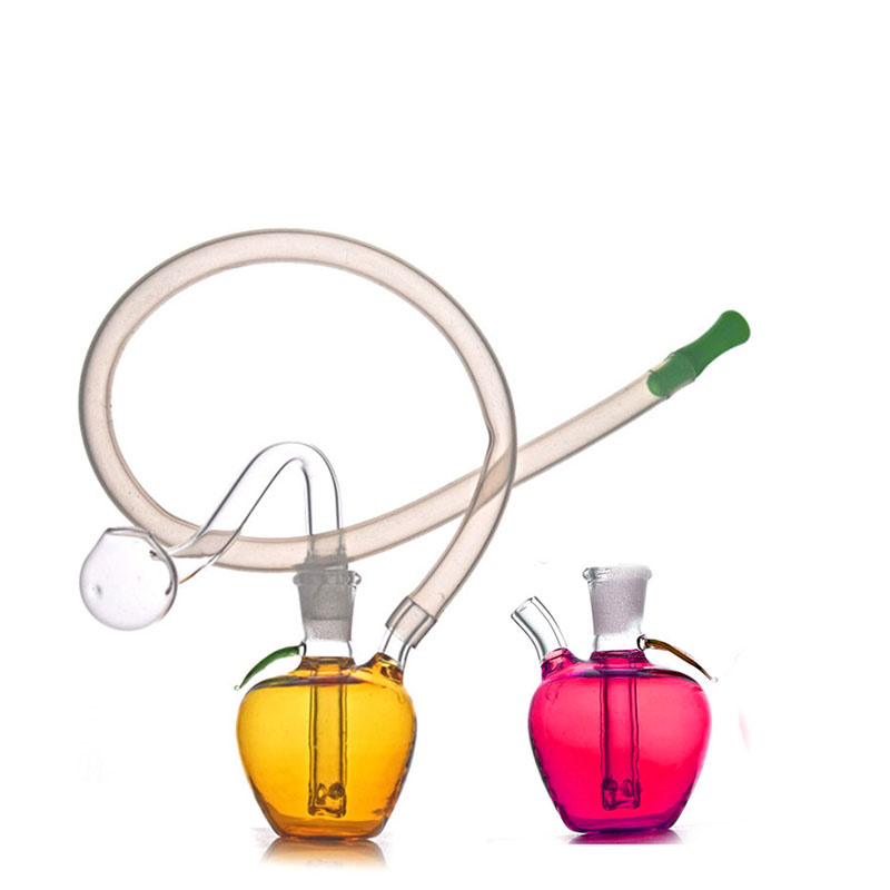 2pcs Red Apple Shape Glass Oil Burner Bong Hookah Mini Small Bubbler Smoking Water Pipe 10mm Female Recycler Dab Rig Bong with Male Glass Oil Burner Pipe and Hose