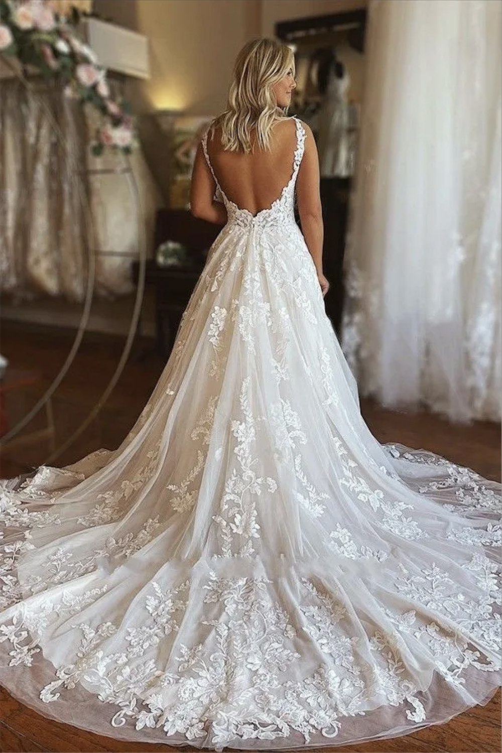 Backless Sexy Lace Wedding Dresses With Pocket A E V Neck Appliques Tulle Summer Boho Bridal Gowns Plus Size BC Ppliques ppliques