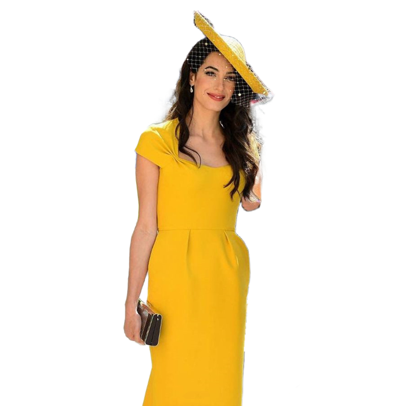 Elegant Yellow Sheath Mother Dresses Tea Length Formal Wedding Party Gowns Short Sleeves Vintage Satin Evening Gowns For Women 2023