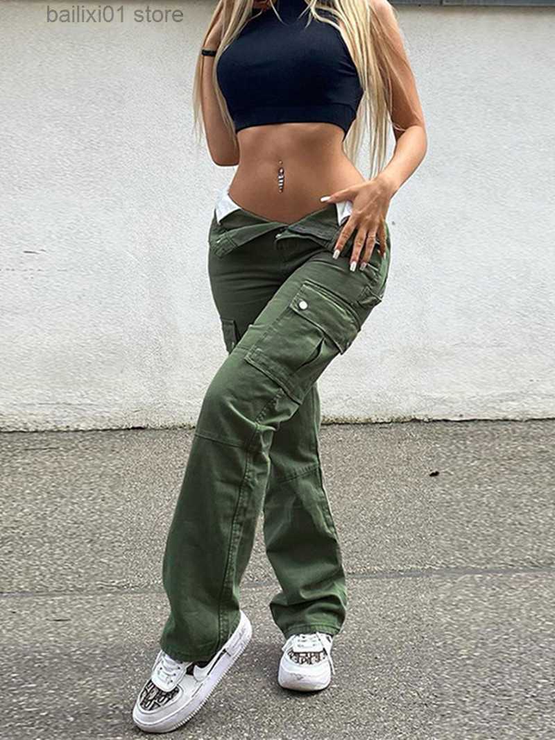 Women's Pants Capris Vintage Cargo Pant Women Y2k High Waist Straight Leg Slim Fit Jeans Retro 90s Pockets Streetwear Denim Trousers Sweatpants M