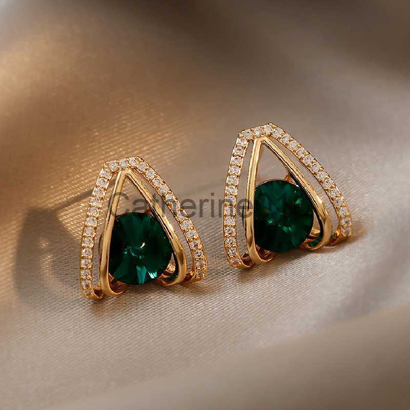 Charm Exquisite Gold Color Geometric Green Zircon Earrfor Women Double Layer Ear Studs Classic Small Stud EarrWeddJewelry J230817