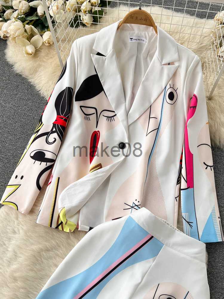 Women's Two Piece Pants Retro Fashion Abstract Printing BlazerPants Two Piece Set Women outfits Professional Long Sleeve Jacket Trousers Suits Fe