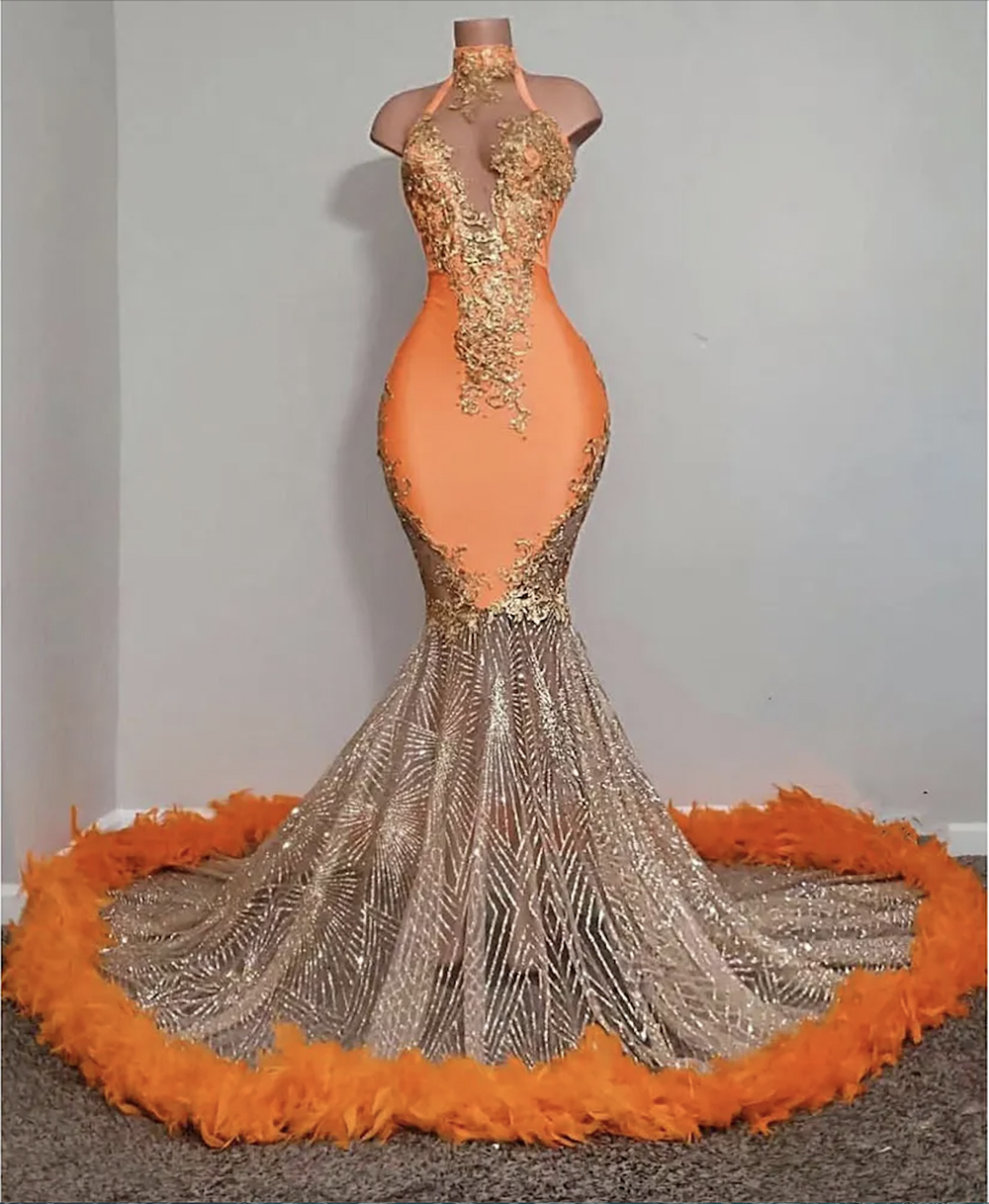 Black Girls Orange Mermaid Prom Dresses 2023 Satin Beading Sequined High Neck Feathers Luxury Skirt Evening Party Formal Gowns For Women