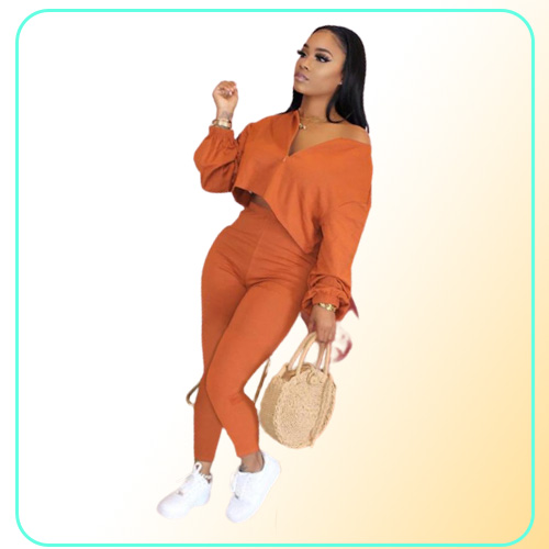 Women039s Two Piece Pants Fashion Casual 2 Sets Womens Outfits V Neck Solid Color Zipper Design Plus Size Fall Pantalones