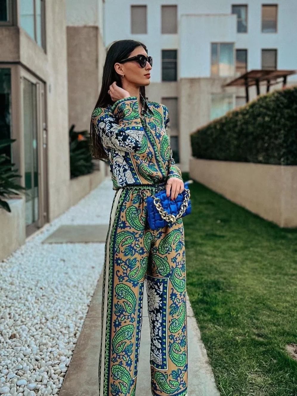 Womens Two Piece Pants KONDALA Vintage Green Floral Women Suits Long Sleeve Single Button Loose Shirts and High Wasit Wide Leg Boho Sets 230817
