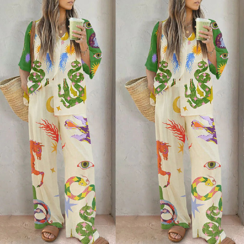Womens Two Piece Pants Cotton Linen Print Shirt Top Wide Pant 2 Pieces Sets Women Casual Single Breasted Elastic Waist Leg Trousers Set Outfit 230817