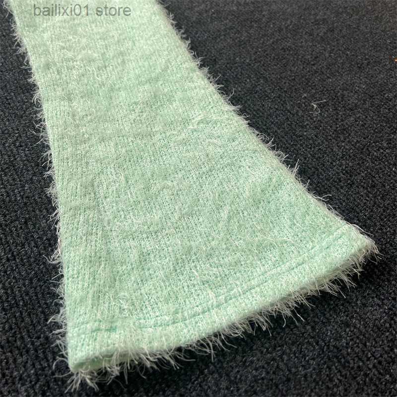 Women's Pants Capris Solid Fuzzy Knitted Flare Pants 2023 Spring Women Elastic High Waist Slim Stacked Trousers Fashion Casual Streetwear T230817
