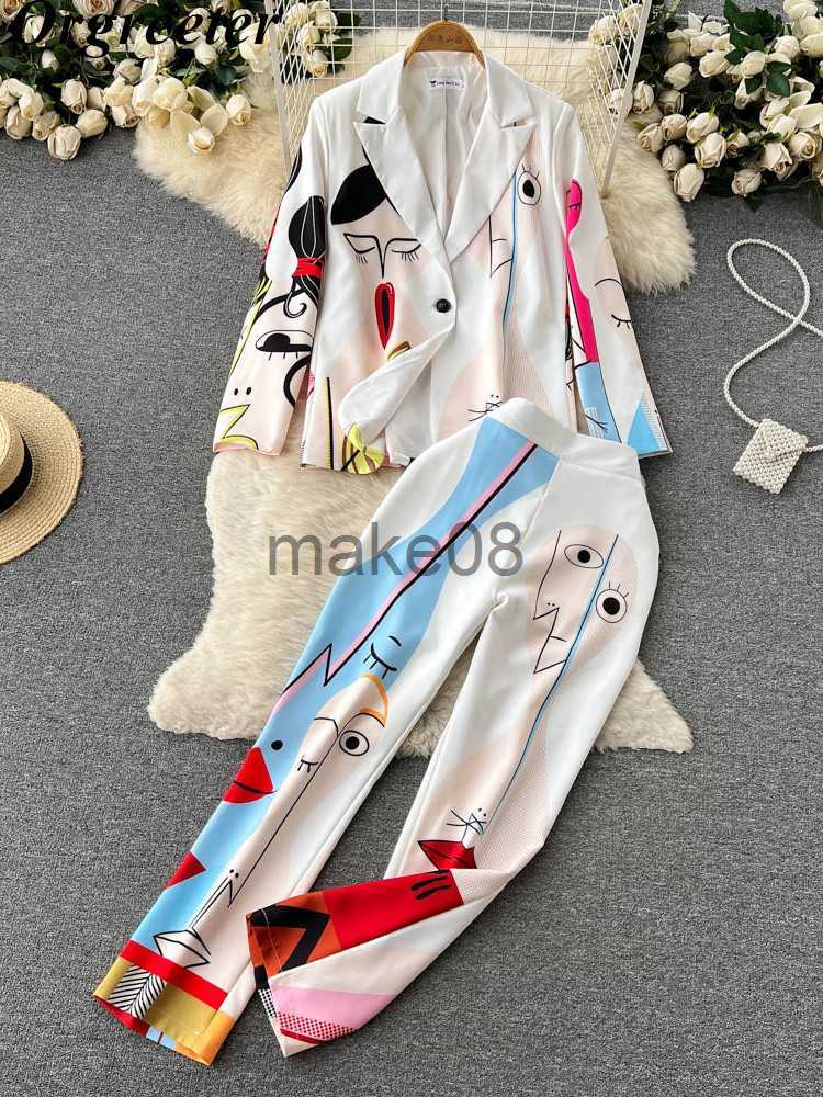 Women's Two Piece Pants Retro Fashion Abstract Printing BlazerPants Two Piece Set Women outfits Professional Long Sleeve Jacket Trousers Suits Female J230816