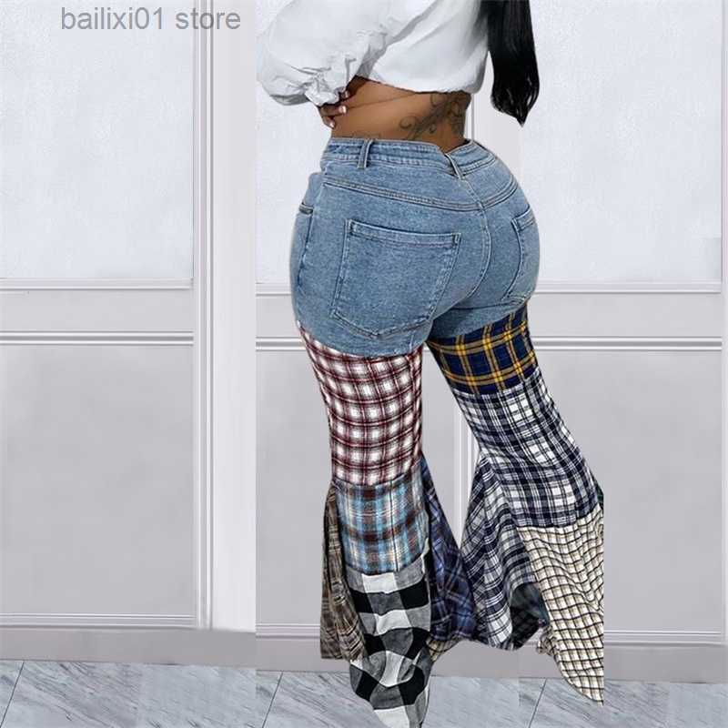 Women's Pants Capris Plaid Patchwork Ruffle Jeans Flare Pants Women High Waist Button Fly Slim Boot Cut Denim Trousers Fashion Streetwear T230817