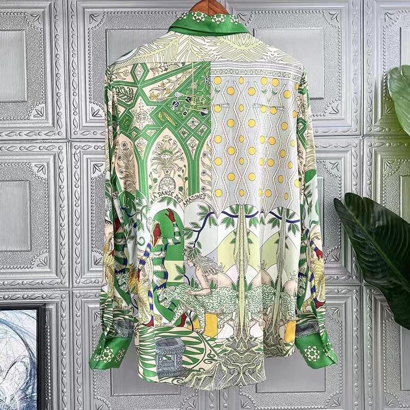 Green Ral Printed Lapel Long Sleeve Casual Shirt Women Blouse Polyester Imitation Silk Blouses 2024 Fall Fashion Tops
