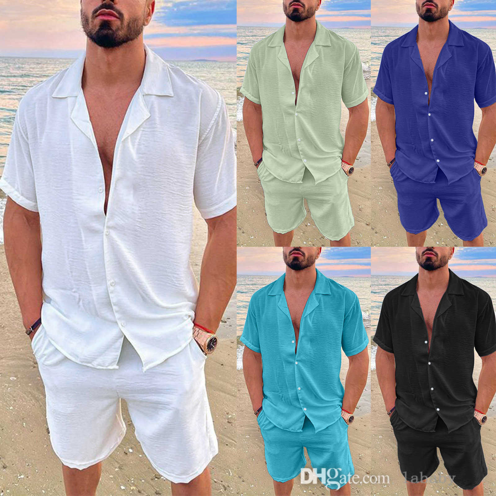 Summer Mens Tracksuit Casual Cotton Linen Two Piece Set Polo Collar Solid Short Sleeve Shirt And Shorts Sets Plus Size M-3XL Clothing