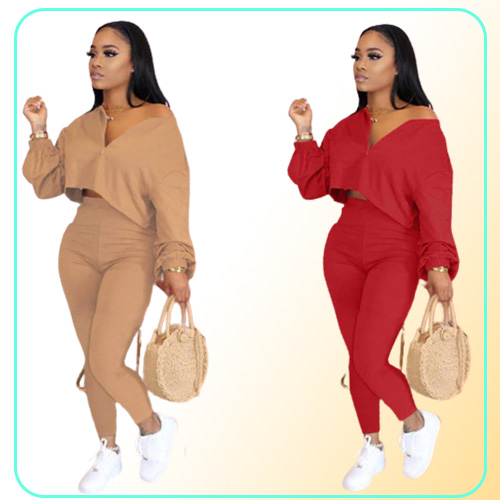 Women039s Two Piece Pants Fashion Casual 2 Sets Womens Outfits V Neck Solid Color Zipper Design Plus Size Fall Pantalones
