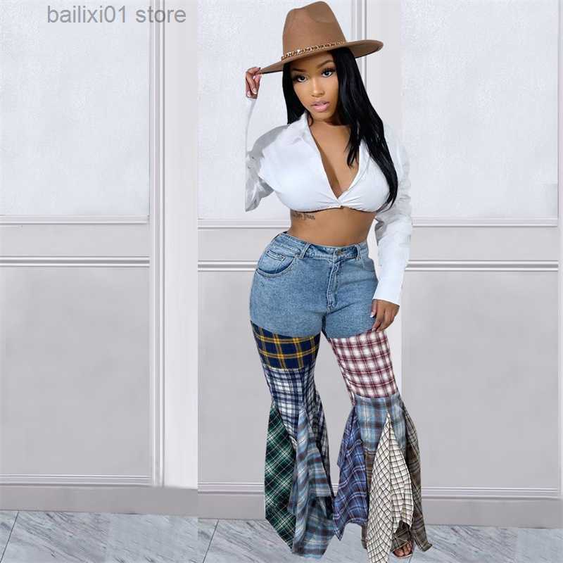 Women's Pants Capris Plaid Patchwork Ruffle Jeans Flare Pants Women High Waist Button Fly Slim Boot Cut Denim Trousers Fashion Streetwear T230817
