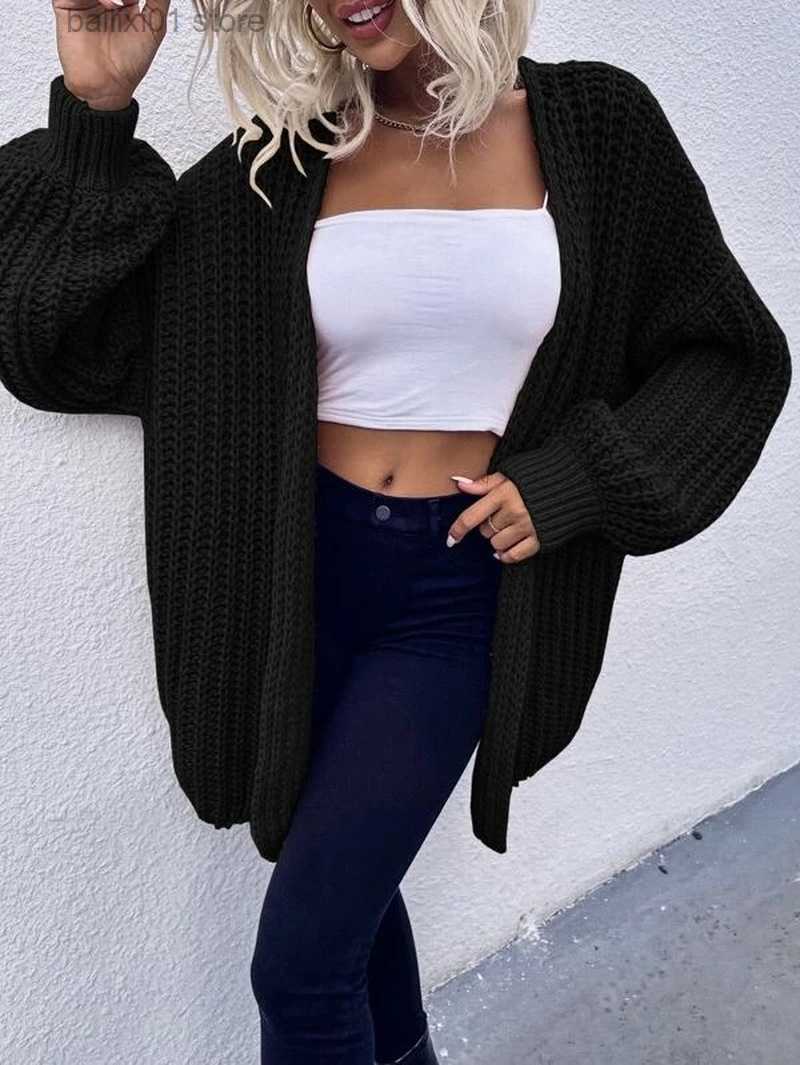 Women's Sweaters Women Loose Cardigan Lantern Sleeve v-neck full sleevel autumn winter spring knitted sweater solid grey black brown pink coat T2