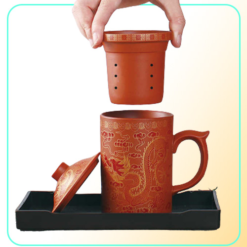 Traditional Chinese Dragon Purple Clay Mug with Lid Strainer Retro Handmade Yixing Cup Zisha cup Gift Mug Tumbler 210827468432