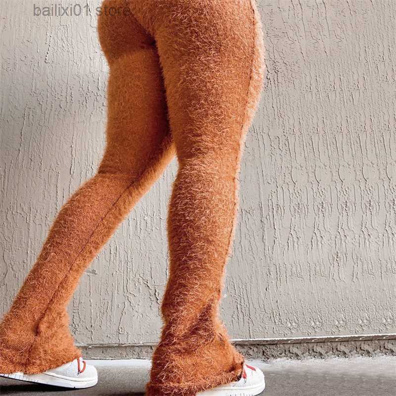 Women's Pants Capris Solid Fuzzy Knitted Flare Pants 2023 Spring Women Elastic High Waist Slim Stacked Trousers Fashion Casual Streetwear T230817