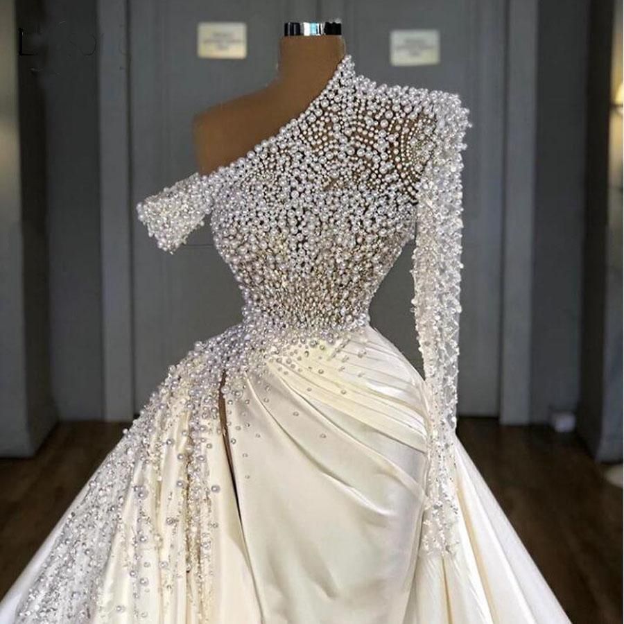 Dubai Sexy Mermaid Wedding Dresses Illusion Pearls Beadings One Shoulder Satin Long Sleeve Overskirts Plus Size Bridal Gowns Vestidos De Novia I
