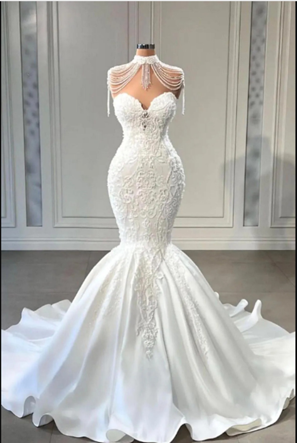 Vintage High Neck Mermaid Wedding Dresses Appliqued Lace Sweetheart Bride Gowns vestidos de novia robe
