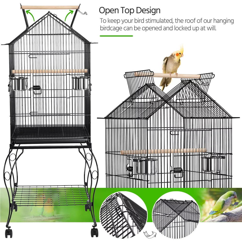 Bird Cages 57" Rolling Metal Parrot Cage with Open Top Black Durable Sturdy HeavyDuty Safe 263 Lb 230816