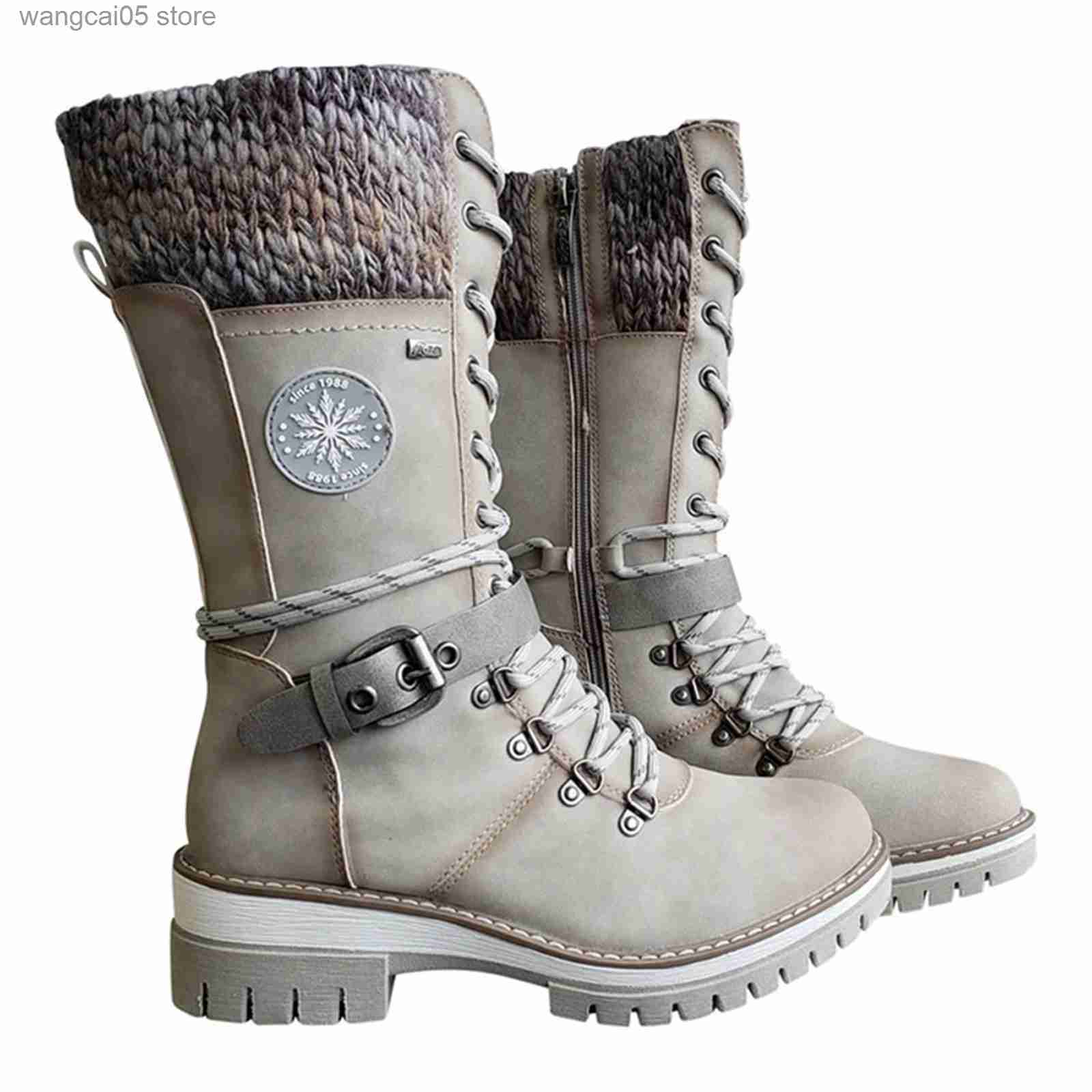 Boots 2023 Women Winter Buckle Lace Knitted Mid-calf Boots Low Heel Round Toe Boots Top Quality Winter Warm Boots Women Botas De Mujer T230817