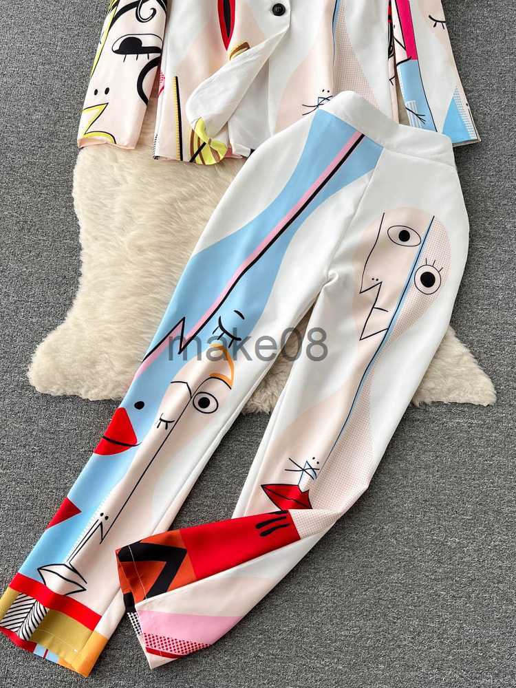 Women's Two Piece Pants Retro Fashion Abstract Printing BlazerPants Two Piece Set Women outfits Professional Long Sleeve Jacket Trousers Suits Fe