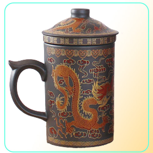 Traditional Chinese Dragon Purple Clay Mug with Lid Strainer Retro Handmade Yixing Cup Zisha cup Gift Mug Tumbler 210827468432