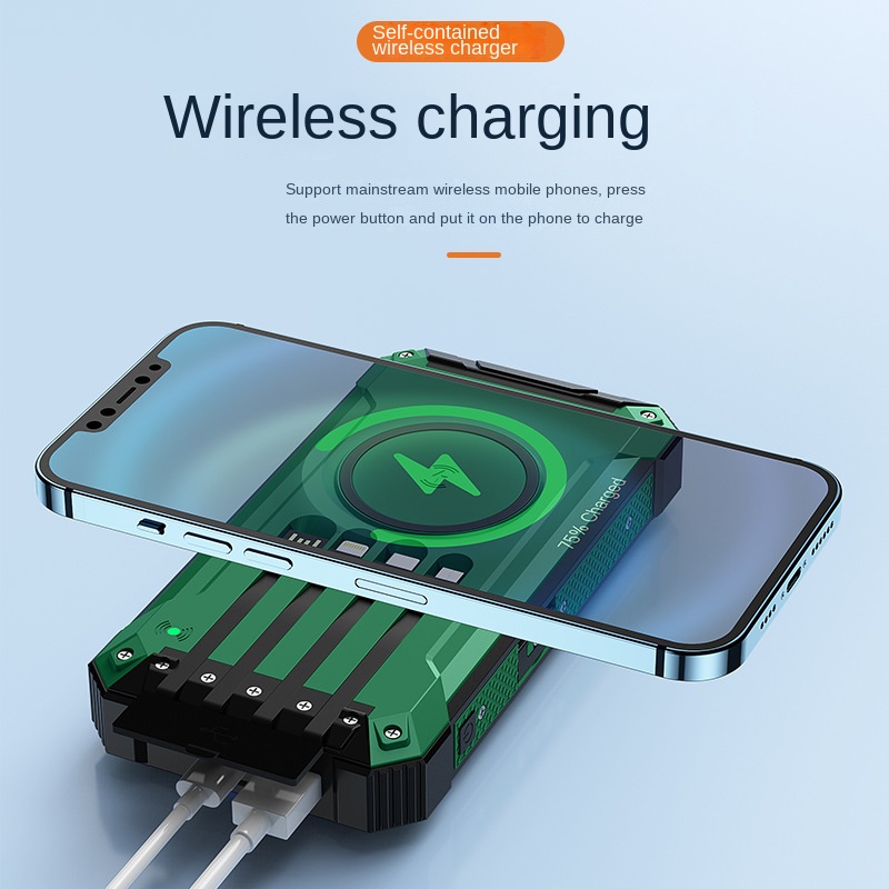Solar Wireless Charger Power Bank 10000 20000mAh Built in 4 Cables Five Outputs Fast Charging for USB Type-A C Mobile Devices with Dual Flashlights Ca