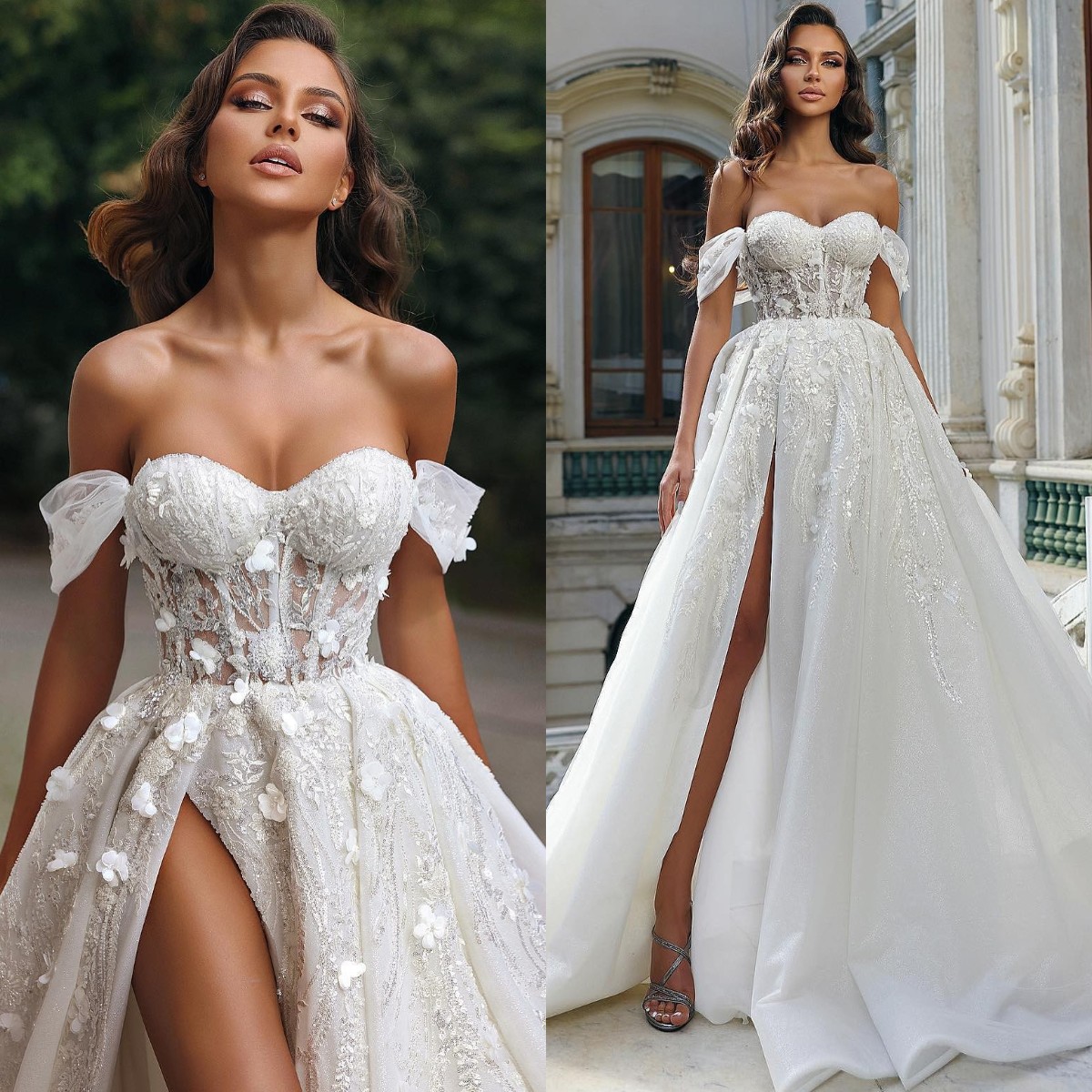 Vintage A-Line Off-Shoulder Lace Wedding Dress With Sequins Appliques And Split For Bride
